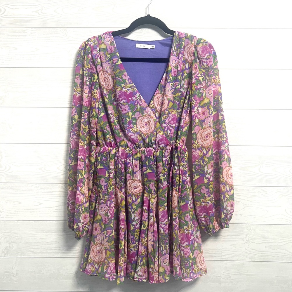Lush Women’s Faux Wrap Mini Dress • Small • Purple/Multi • Floral • Cute! 😍